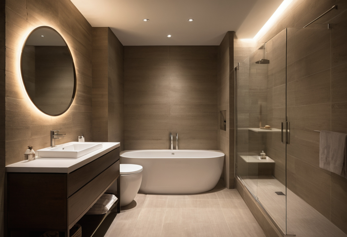 Which compact bathroom footprints can support a workable fixture arrangement shown in a luxury residential interior