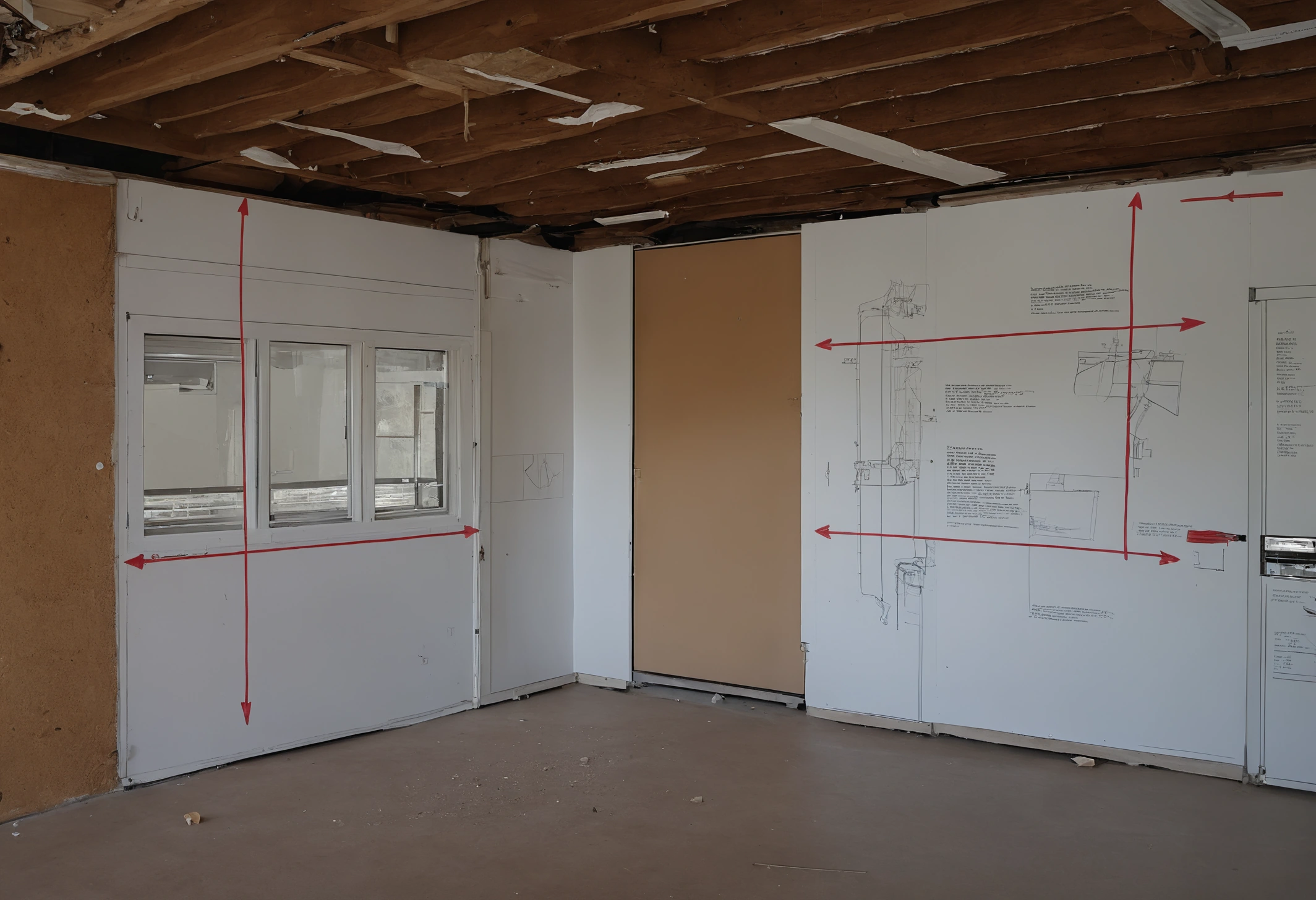 Construction site wall covered with pinned technical drawings, revision clouds and coloured markup