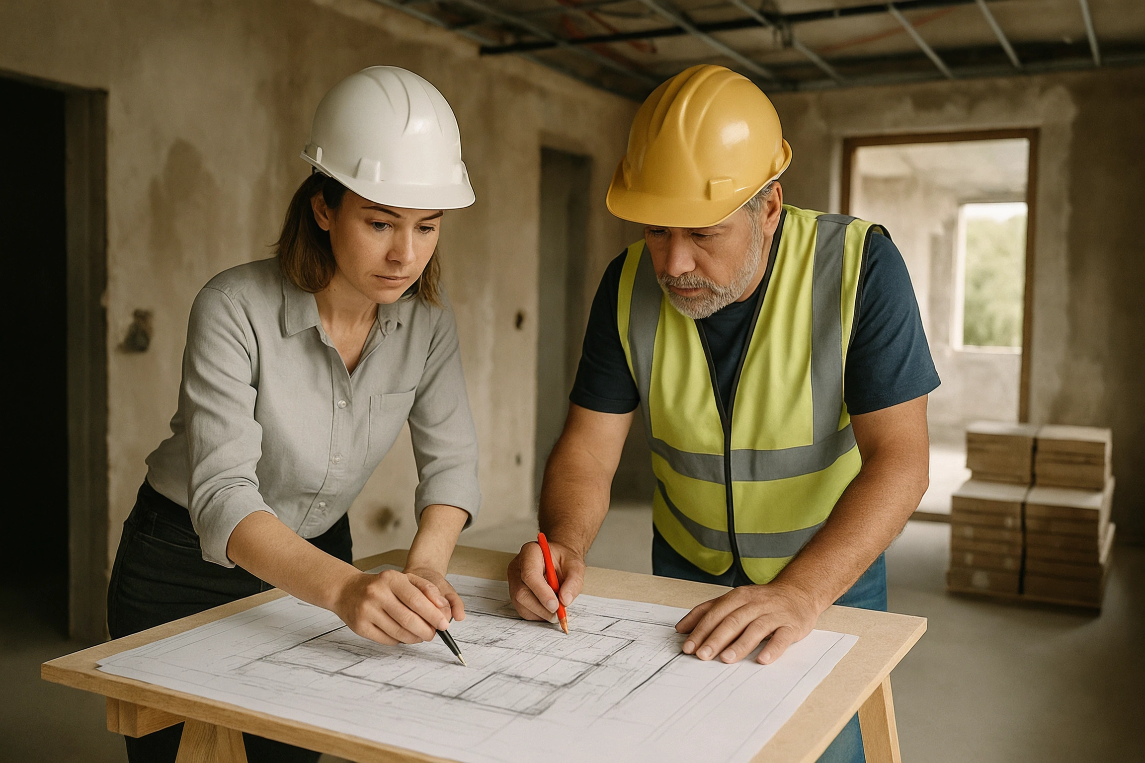 Site meeting between a designer and a foreman reviewing a marked-up drawing on a temporary table