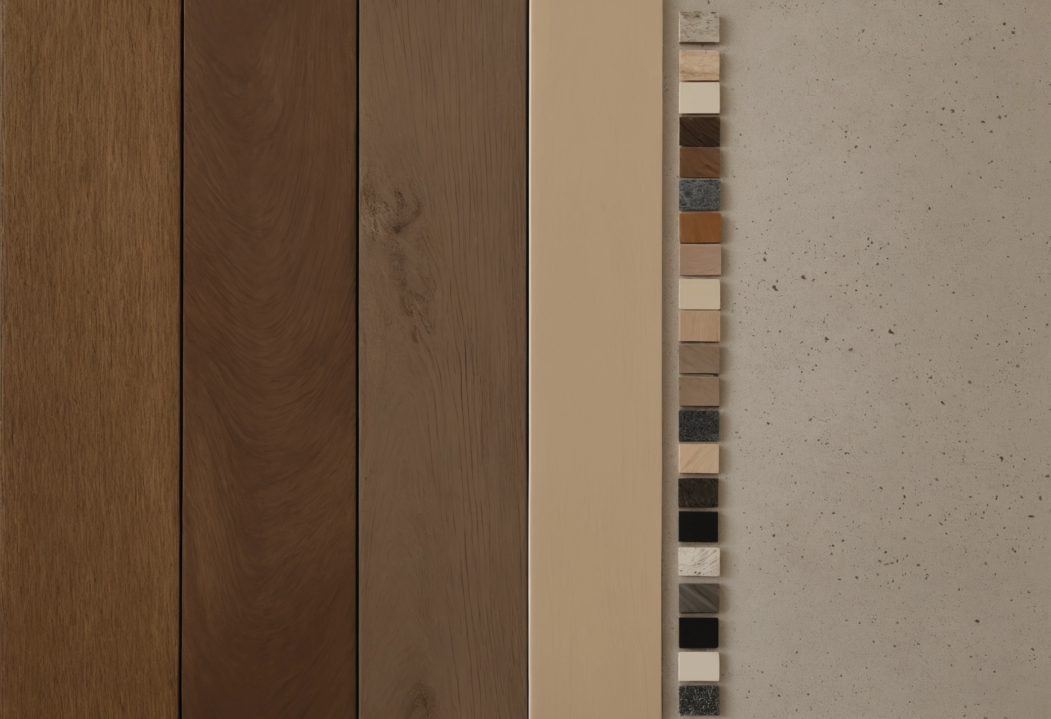 Row of labelled stone and finish samples arranged on a bench with signature tags attached