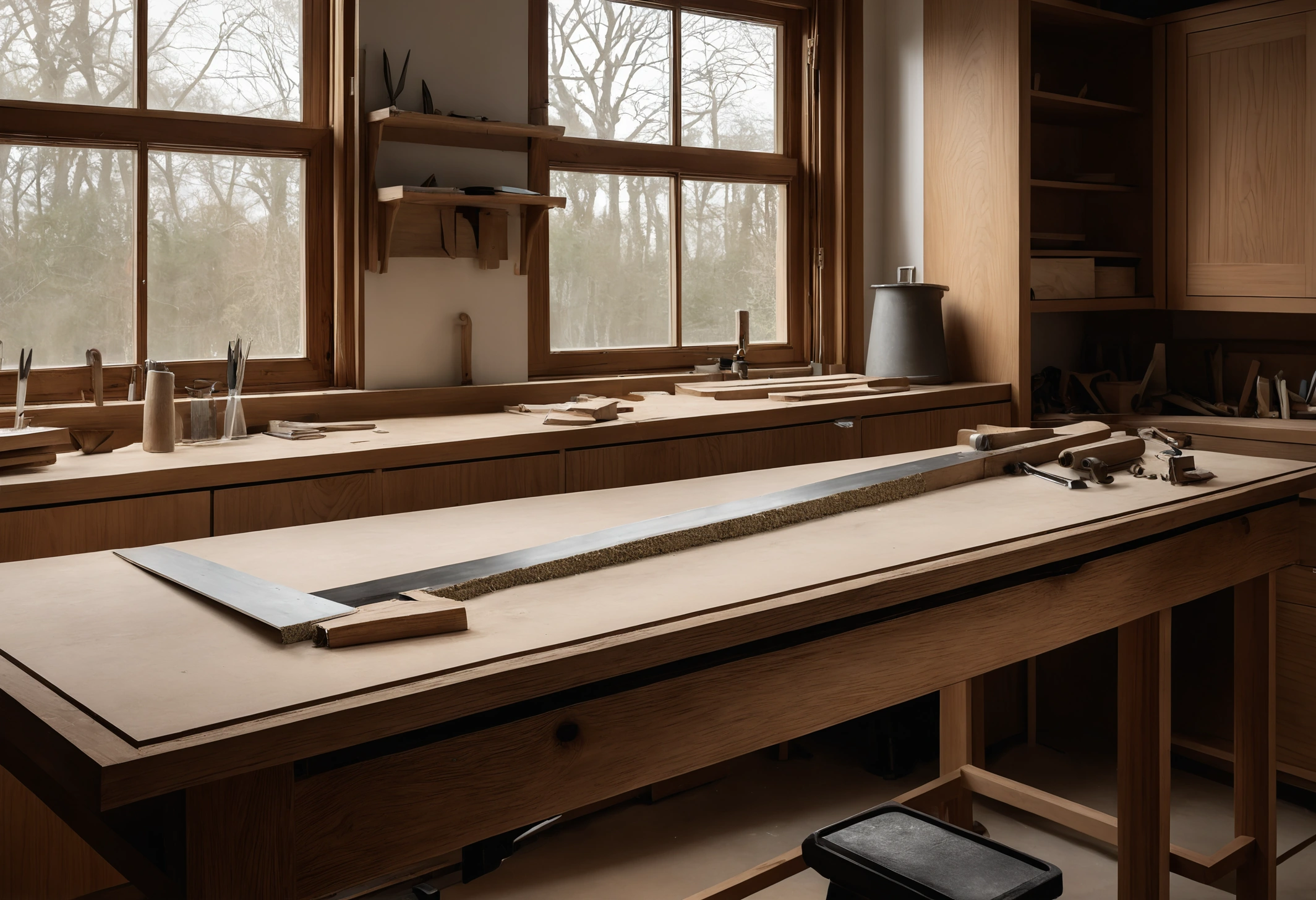 Joinery workshop bench with a partly assembled veneered cabinet, clamps and a setting-out drawing pinned above