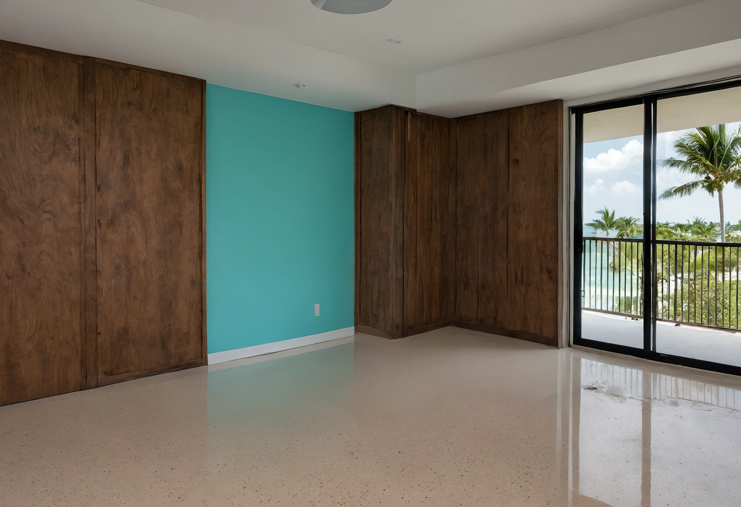 Empty Miami condo room with dark timber wall panels, a turquoise accent wall, polished terrazzo floor and sliding doors onto a balcony with palms