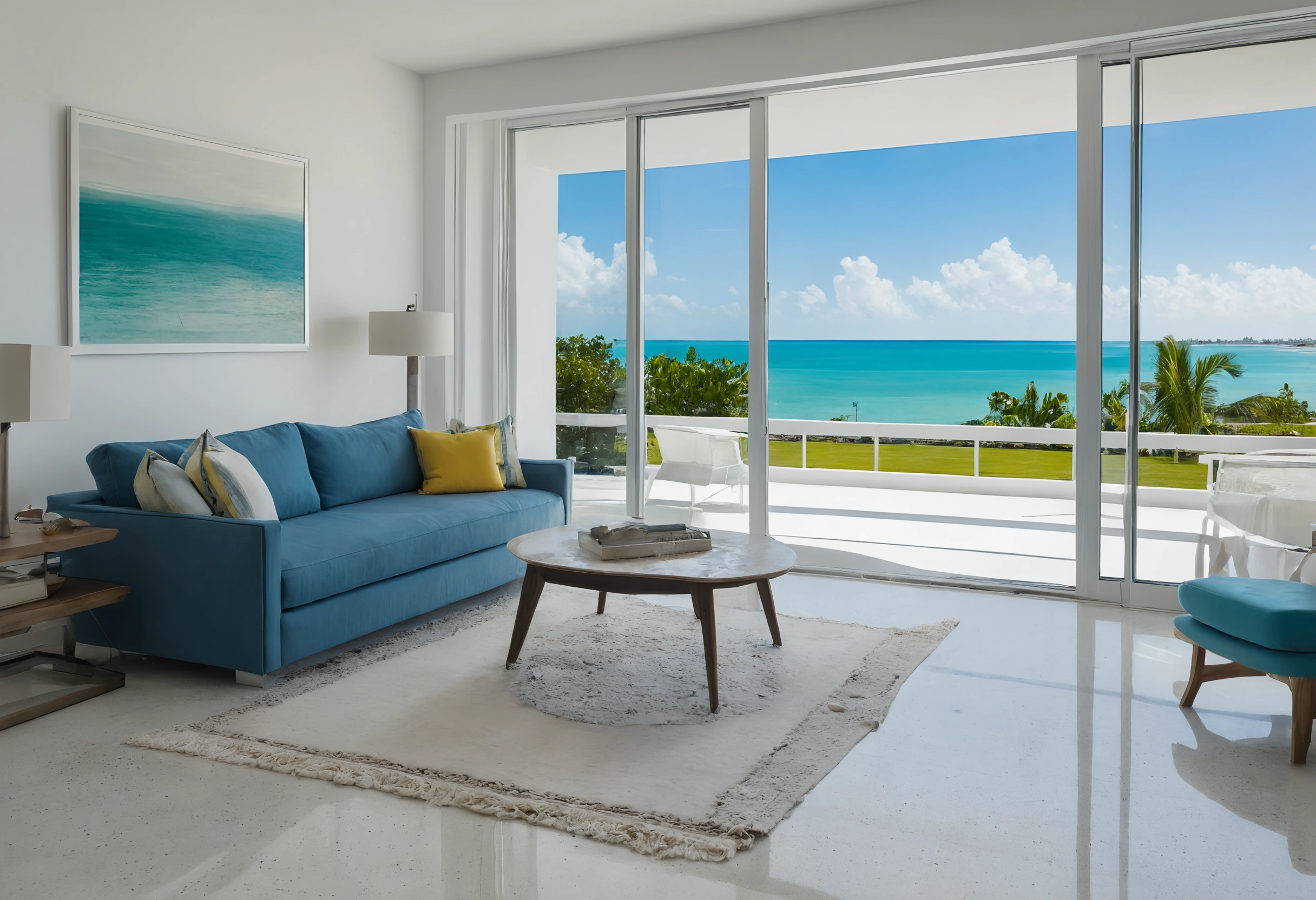 Miami condo living room with a polished terrazzo floor, blue sofa, round timber coffee table and sliding glass doors onto a terrace with a sea view
